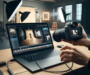 Photographer in a studio using a tethered camera setup connected to a laptop, displaying real-time images, with professional lighting and backdrop.