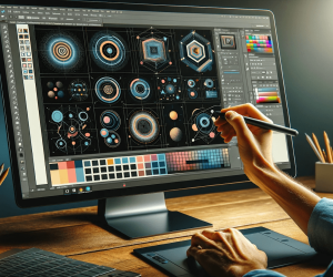 This is a detailed view of a screen where an artist adds various geometric shapes to a design using a stylus on a graphic tablet in a professional setting.