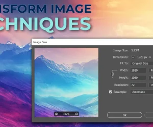 Transform image techniques in Photoshop, showing a user interface with image resizing options to enhance visual creativity and editing efficiency.