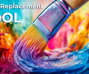 Close-up of a paintbrush blending vibrant colors like blue, red, yellow, and purple, symbolizing the use of the Color Replacement Tool in Photoshop.