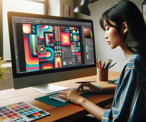 A young Asian woman using the tool in Photoshop on her computer to complete a colorful graphic design project.