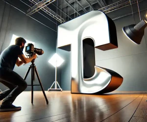 A photographer capturing an image of a large, metallic letter "T" in a professional studio setup, demonstrating a metallic text effect created in Photoshop.