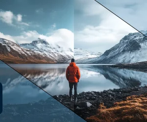 A landscape photograph featuring a person in a red jacket standing by a lake, surrounded by snow-covered mountains. The image is divided into two parts, showing a before and after comparison of photo refinement in Lightroom, with enhanced colors and contrast.