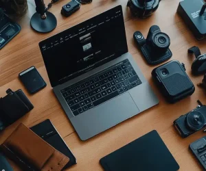 A top-down view of a workspace filled with photography equipment, laptops, cameras, and accessories, highlighting the essential tools needed for photo editing and creative workflows.