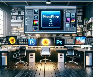 Comparison of Photofiltre and Photoshop in a modern workspace, showcasing simple and advanced setups for graphic design.