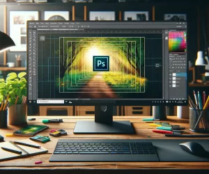 A computer monitor displays Photoshop's cropping tool in a creative workspace