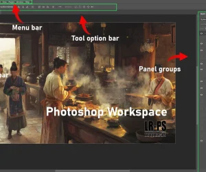 A photo of the default Photoshop workspace highlighting the menu bar, tool option bar, panel groups, and toolbar, showcasing the essential layout and features