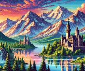 A pixel art scene featuring a majestic mountainous landscape with snow-capped peaks, a serene lake, a colorful sunset sky, and a medieval castle overlooking a lush forest.