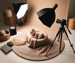 An intimate setting showing a sleeping infant enveloped in a gentle setup with photographic equipment.