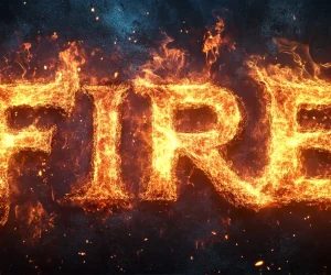 Fiery text effect created using the Fire Photoshop Tool in Adobe Photoshop.