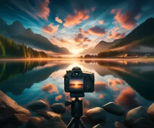 Panoramic view of a mountain lake at dawn with vibrant sky hues and a DSLR camera on a tripod.