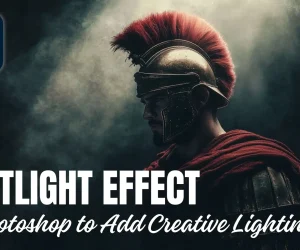 A dramatic spotlight effect created in Photoshop highlighting a warrior in a helmet with a red plume, showcasing depth and creative lighting.