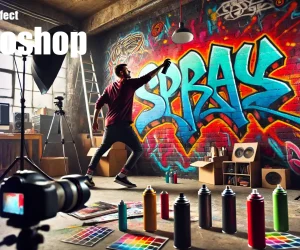 An artist creating a large graffiti mural on a brick wall with spray cans, while a camera and lighting equipment are set up in the studio. The image captures the dynamic process of designing street art with a vibrant spray paint effect.