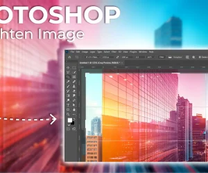 A screenshot of Photoshop's interface showing the straighten tool in action, with a tilted cityscape photo being adjusted to create a perfectly aligned image.