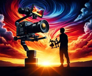 Filmmaker using a gimbal-mounted camera to capture a sunset, optimizing settings to prevent rolling shutter