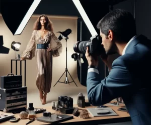 A fashion photographer captures a model in an elegant shoot setup, showcasing the interplay of lighting and style.