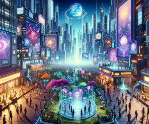 A bustling, futuristic city in the metaverse with avatars exploring NFT displays and interactive art installations under a holographic planet.