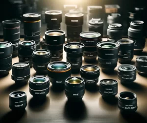A collection of different camera lenses, including wide-angle, telephoto, prime, zoom, macro, and fisheye, displayed and labeled on a table in a studio setting.