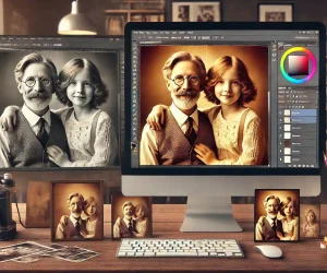 Side-by-side comparison of a family portrait showing the transformation from original to sepia filter tones, with Photoshop open in the background.