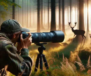 Wildlife photographer in forest capturing deer at sunrise with a telephoto lens.