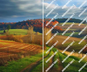 A comparison of two images showing different watermark styles applied to a landscape. The left side features a subtle watermark, while the right side shows a more prominent watermark applied across the image.