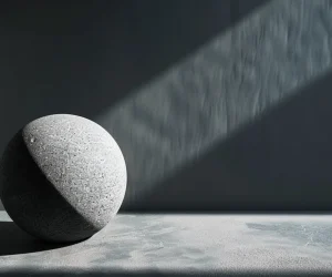 A smooth, round stone placed on a flat surface with a beam of light casting across the scene.