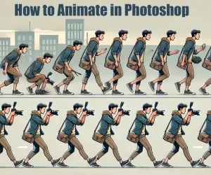 Step-by-step visual sequence showing a person walking and capturing photos, illustrating how to animate in Photoshop.