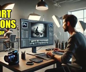 Photographer using Photoshop to edit images on a desktop, showcasing export actions in Photoshop for efficient workflow.