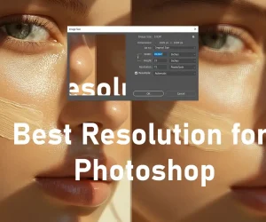 Close-up of a woman's face with a Photoshop Image Size dialog box overlay, illustrating the concept of best resolution settings in Photoshop