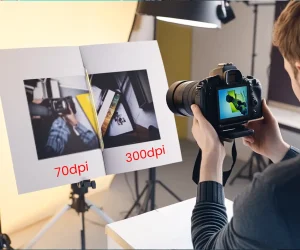 Photographer comparing printed photos at 70 DPI and 300 DPI to determine the best resolution for printing photos.