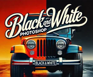 A split-image of a car with the left half in vibrant color and the right half in black and white, seamlessly blended to highlight the effect of a black-and-white Photoshop transformation.