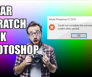 A surprised man holding a camera next to a Photoshop error message about full scratch disks, illustrating how to clear scratch disk in Photoshop.