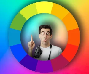 Man pointing up with a surprised expression, surrounded by a color wheel, demonstrating the Color Range feature in Photoshop.