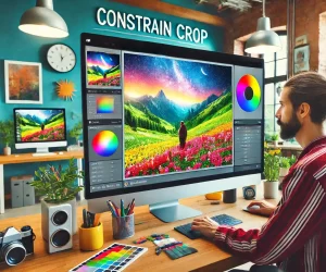 A photographer applies the constrain crop feature in Adobe Lightroom, working on a colorful landscape photo. The vibrant workspace features a modern setup, filled with creative elements like plants and art supplies, making the constrain crop process in Lightroom look user-friendly and engaging.