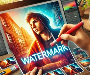 A young photographer using a real eraser to remove a copyright watermark from a vibrant and colorful photo in a creative workspace.