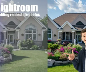 A young man smiles and points toward a before-and-after comparison of a real estate photo edited in Lightroom, showing enhanced colors and lighting in the property’s garden and exterior.