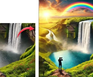 A before-and-after image showcasing Adobe Photoshop's Generative Fill feature, with a photographer capturing a stunning waterfall scene that is expanded to include more landscape and a vibrant rainbow