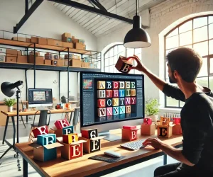 Designer adding blocks representing typography to a computer screen in a creative workspace while using Ps