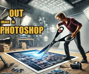 A man holding giant scissors to cut a printed collage of photos on the floor in a photography studio, with the text "How to Cut Out an Image in Photoshop."