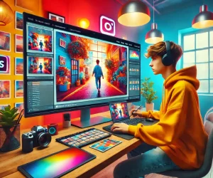 A young photographer editing a large photo for Instagram, in a colorful and vibrant studio environment, symbolizing the process of editing photos in Lightroom for Instagram.