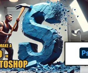 A man sculpting a large letter "S" with a hammer, symbolizing logo creation, with the text "How to Make a Logo in Photoshop."