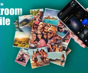 Hand holding a smartphone with Lightroom Mobile app open, alongside a collage of various photos, showing how to make a collage in Lightroom Mobile.