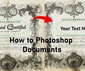 An example of a document edited using Photoshop, showing a before and after comparison with the text 'Officially Certified' changed to 'Your Text Here.' The image highlights a tutorial on how to photoshop documents.