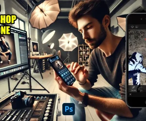 Man editing a photo on his iPhone while working in a professional studio, demonstrating how to Photoshop on iPhone.