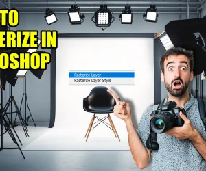 Photographer pointing to a Photoshop menu option showing "Rasterize Layer" in a studio setting, demonstrating how to rasterize in Photoshop.