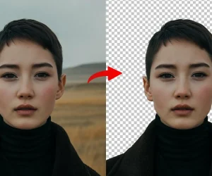 A before and after image showing the background removed from a portrait photo using the Lightroom background removal tool.