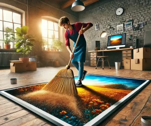 A young photographer using a broom to clean grain off a large photo on the floor, symbolizing the process of removing grain in Lightroom, in a vibrant and colorful environment.