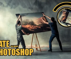 Two individuals rotating a large framed image on an easel, with bold text saying "How to Rotate an Image in Photoshop" and a circular arrow icon indicating rotation.