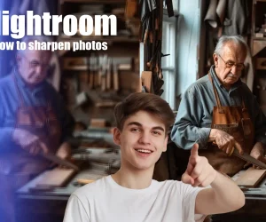 A young man points excitedly at a before-and-after comparison of a sharpened photo in Lightroom, featuring an older man working in a woodshop. The text 'How to Sharpen Photos in Lightroom' is displayed on the left side.