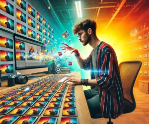 A young photographer magically creating hundreds of clones of the same photo in a vibrant, colorful workspace, symbolizing the Lightroom clone tool.